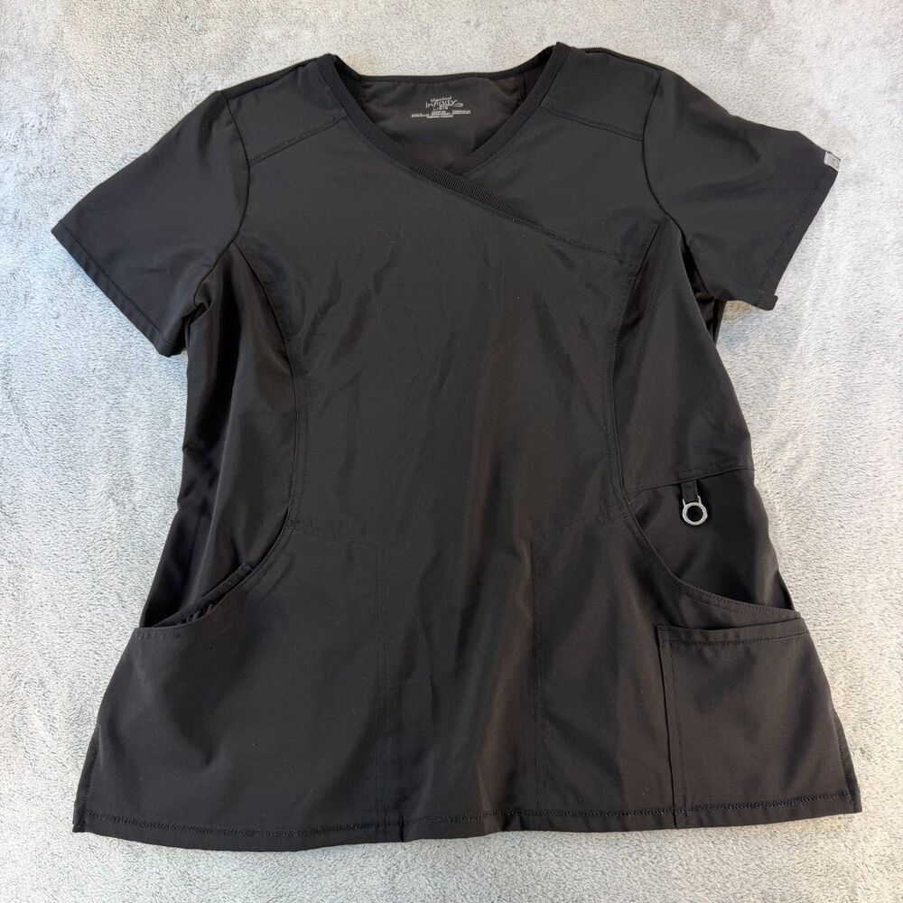 Cherokee Infinity Black Scrub Top Women's Large Mock Wrap Stretch Pockets
